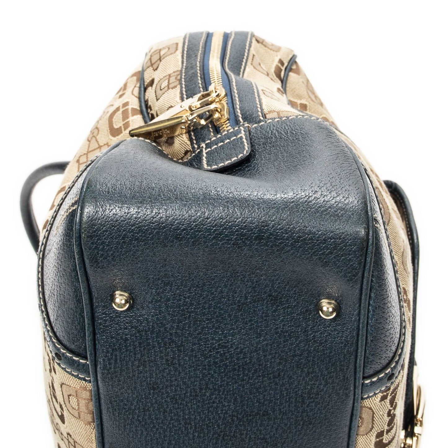 Gucci Large Front Pocket Boston Beige Teal Horsebit Printed Canvas Messenger Bag