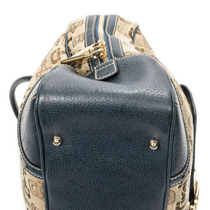 Gucci Large Front Pocket Boston Beige Teal Horsebit Printed Canvas Messenger Bag