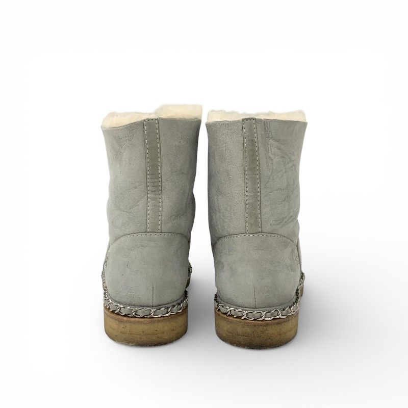 Chanel Boots Short Shoes Suede Fabric Light Gray Black CC Logo Chain Shearling