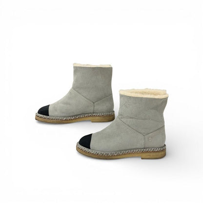 Chanel Boots Short Shoes Suede Fabric Light Gray Black CC Logo Chain Shearling