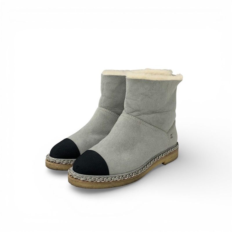 Chanel Boots Short Shoes Suede Fabric Light Gray Black CC Logo Chain Shearling