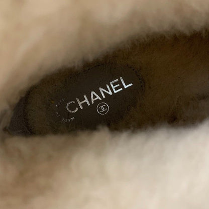 Chanel Boots Short Shoes Suede Fabric Light Gray Black CC Logo Chain Shearling