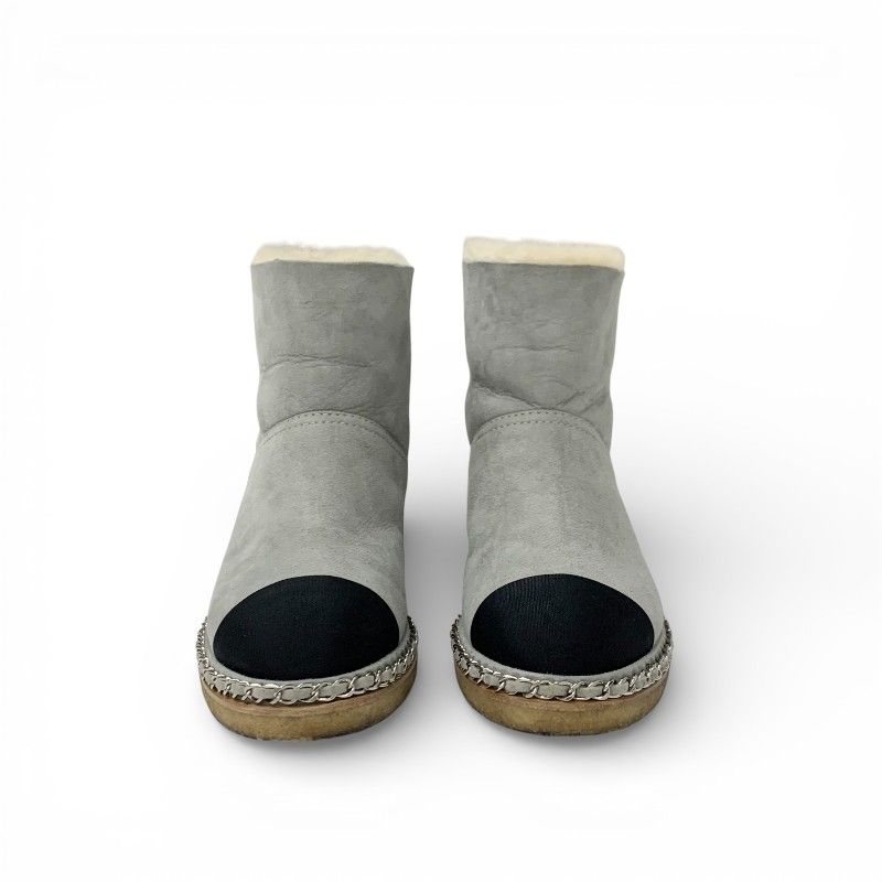 Chanel Boots Short Shoes Suede Fabric Light Gray Black CC Logo Chain Shearling