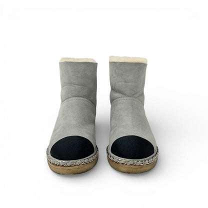 Chanel Boots Short Shoes Suede Fabric Light Gray Black CC Logo Chain Shearling