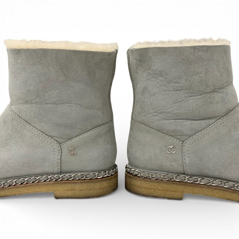 Chanel Boots Short Shoes Suede Fabric Light Gray Black CC Logo Chain Shearling