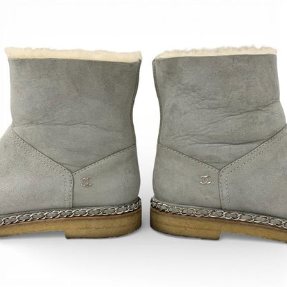 Chanel Boots Short Shoes Suede Fabric Light Gray Black CC Logo Chain Shearling