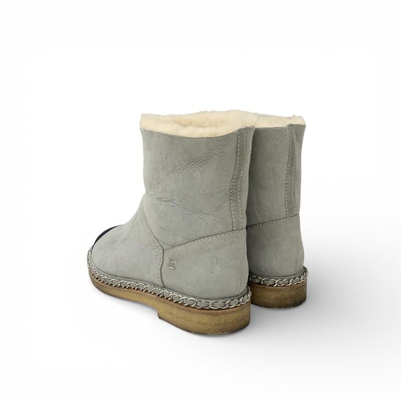 Chanel Boots Short Shoes Suede Fabric Light Gray Black CC Logo Chain Shearling