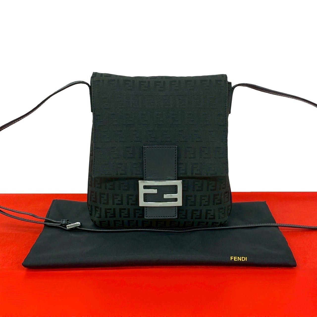 Fendi Zucchino FF Pattern Canvas Leather Shoulder Bag Pochette Crossbody Black
