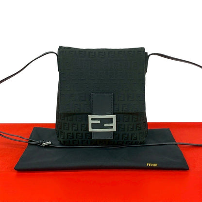 Fendi Zucchino FF Pattern Canvas Leather Shoulder Bag Pochette Crossbody Black