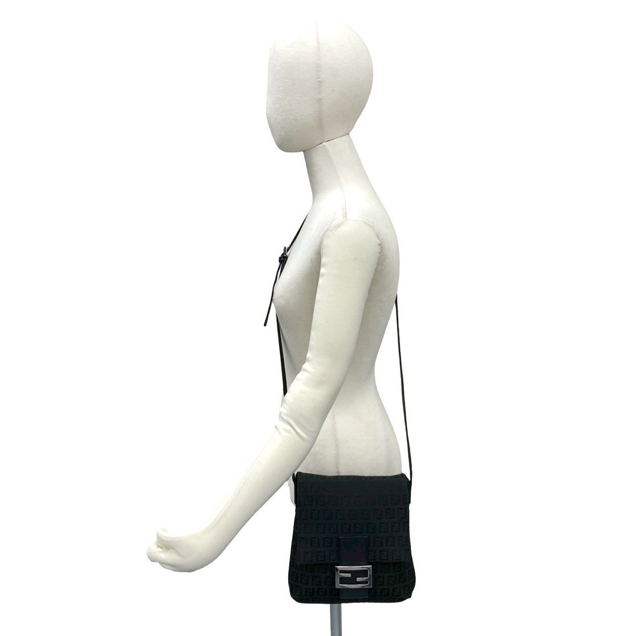 Fendi Zucchino FF Pattern Canvas Leather Shoulder Bag Pochette Crossbody Black
