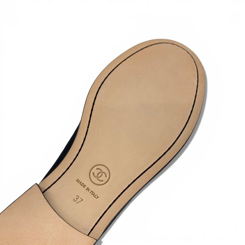 Chanel Loafers Leather Shoes Felt Black Gold CC Logo Coin Flat