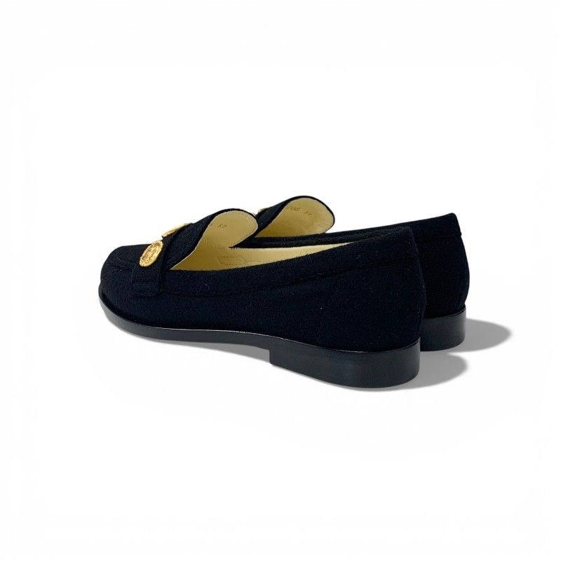 Chanel Loafers Leather Shoes Felt Black Gold CC Logo Coin Flat