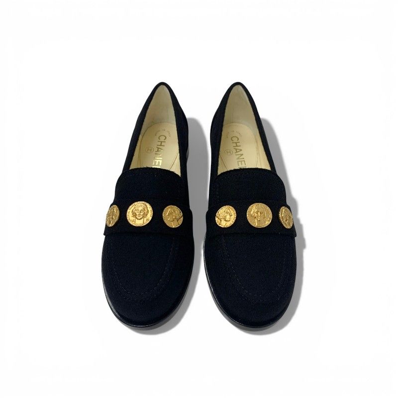 Chanel Loafers Leather Shoes Felt Black Gold CC Logo Coin Flat