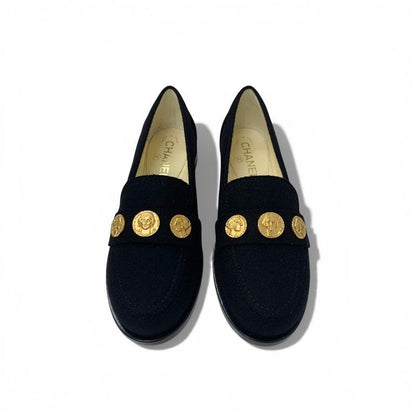 Chanel Loafers Leather Shoes Felt Black Gold CC Logo Coin Flat