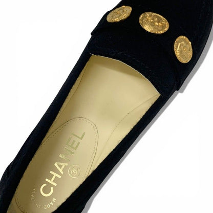 Chanel Loafers Leather Shoes Felt Black Gold CC Logo Coin Flat
