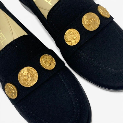 Chanel Loafers Leather Shoes Felt Black Gold CC Logo Coin Flat