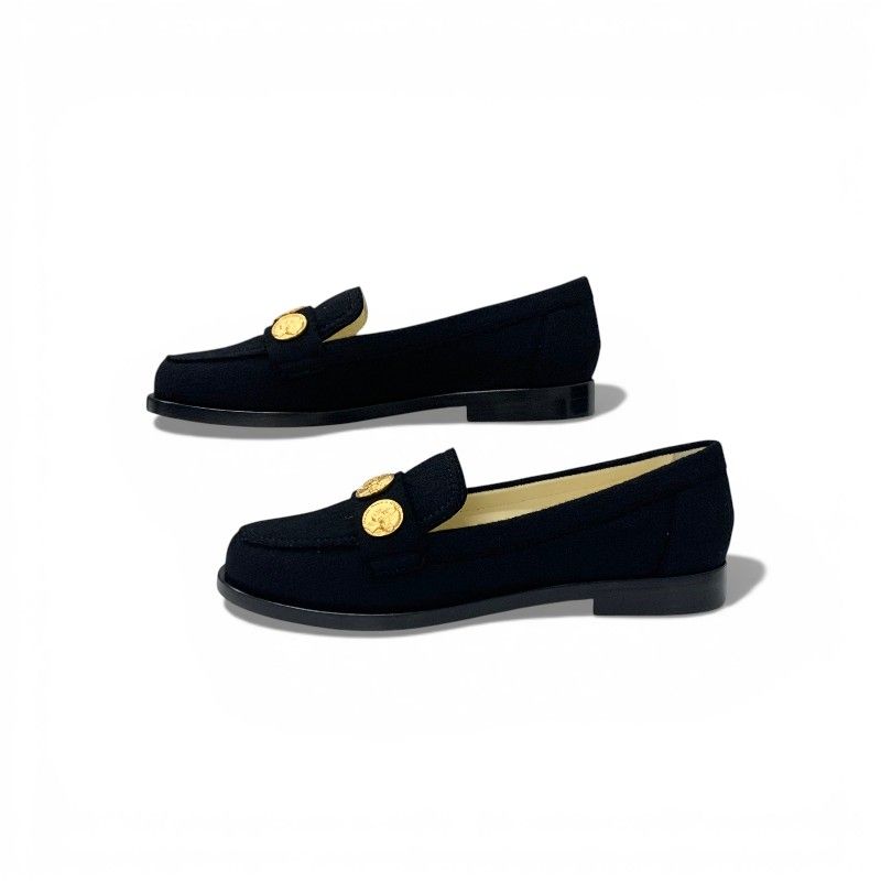 Chanel Loafers Leather Shoes Felt Black Gold CC Logo Coin Flat