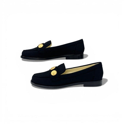 Chanel Loafers Leather Shoes Felt Black Gold CC Logo Coin Flat