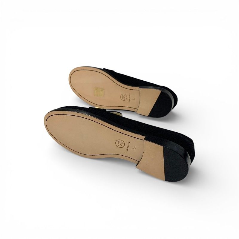Chanel Loafers Leather Shoes Felt Black Gold CC Logo Coin Flat