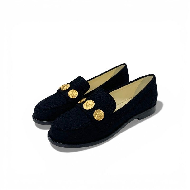 Chanel Loafers Leather Shoes Felt Black Gold CC Logo Coin Flat