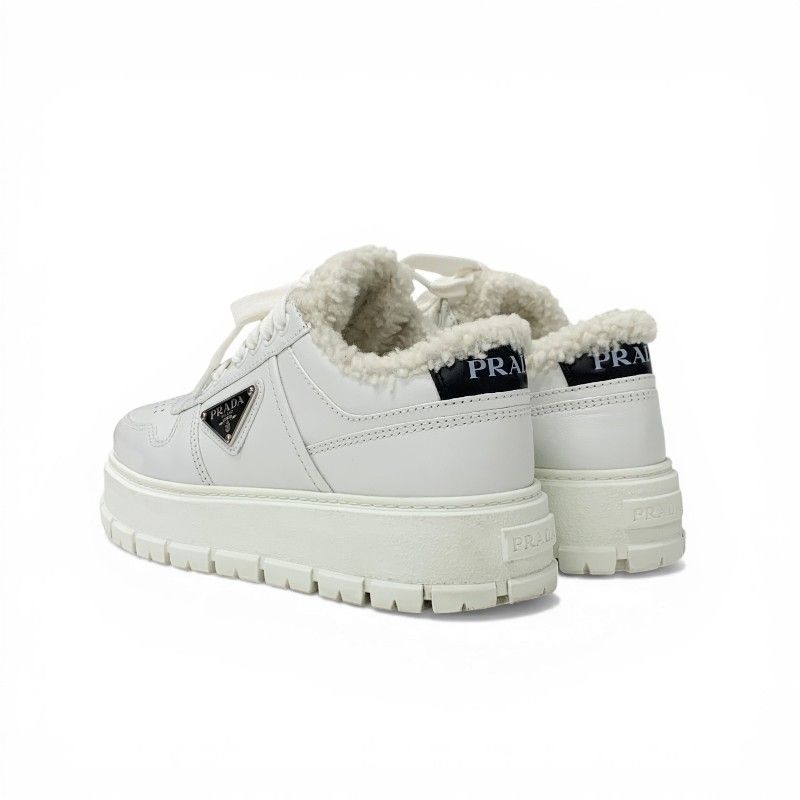 Prada Sneakers Shoes Leather Shearling White Triangle Logo
