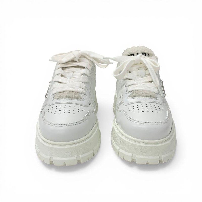 Prada Sneakers Shoes Leather Shearling White Triangle Logo