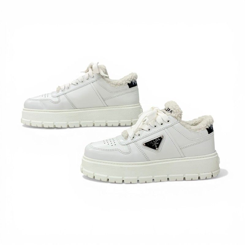 Prada Sneakers Shoes Leather Shearling White Triangle Logo