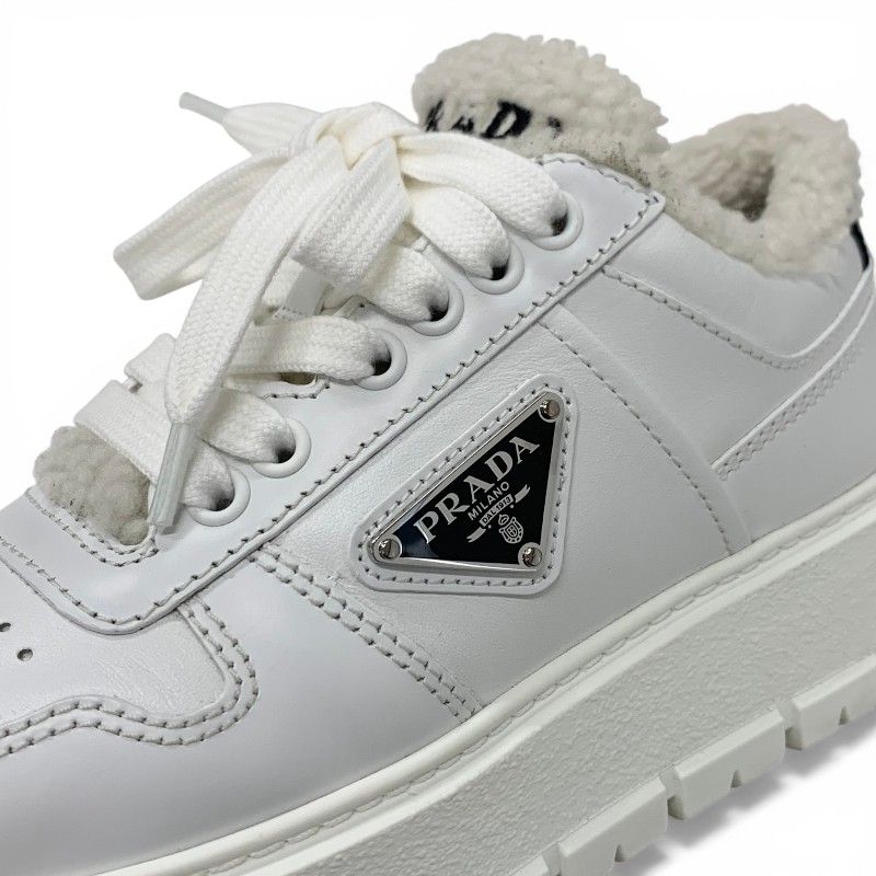 Prada Sneakers Shoes Leather Shearling White Triangle Logo