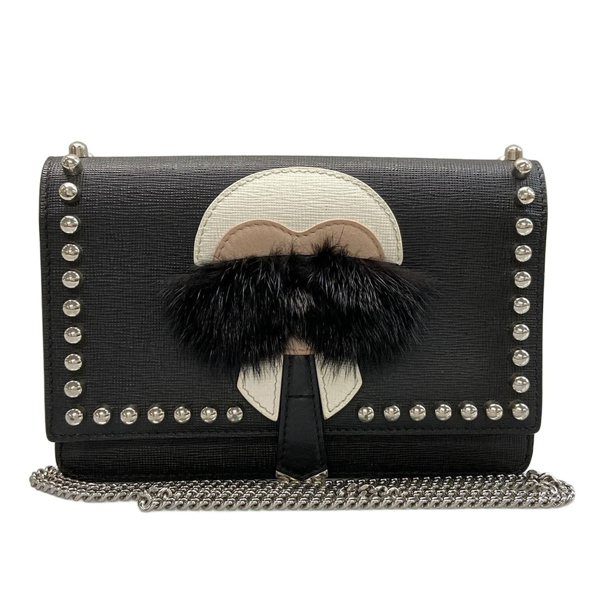 Fendi Wallet Carlito Black White Multi Chain Studs Leather Mink