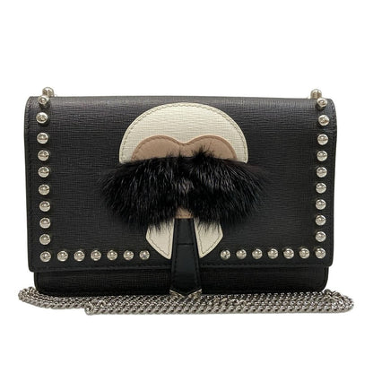 Fendi Wallet Carlito Black White Multi Chain Studs Leather Mink