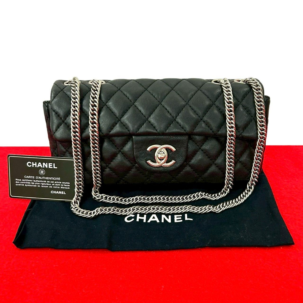 Chanel Card Quilted CC Logo Lambskin Chain Shoulder Bag Black