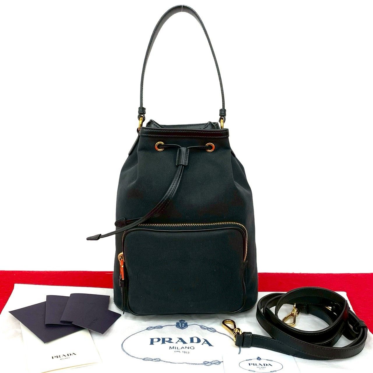 Prada Logo Canvas Leather Drawstring 2-Way Mini Shoulder Bag Black
