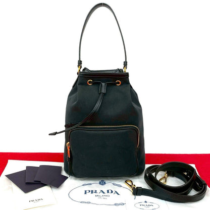 Prada Logo Canvas Leather Drawstring 2-Way Mini Shoulder Bag Black