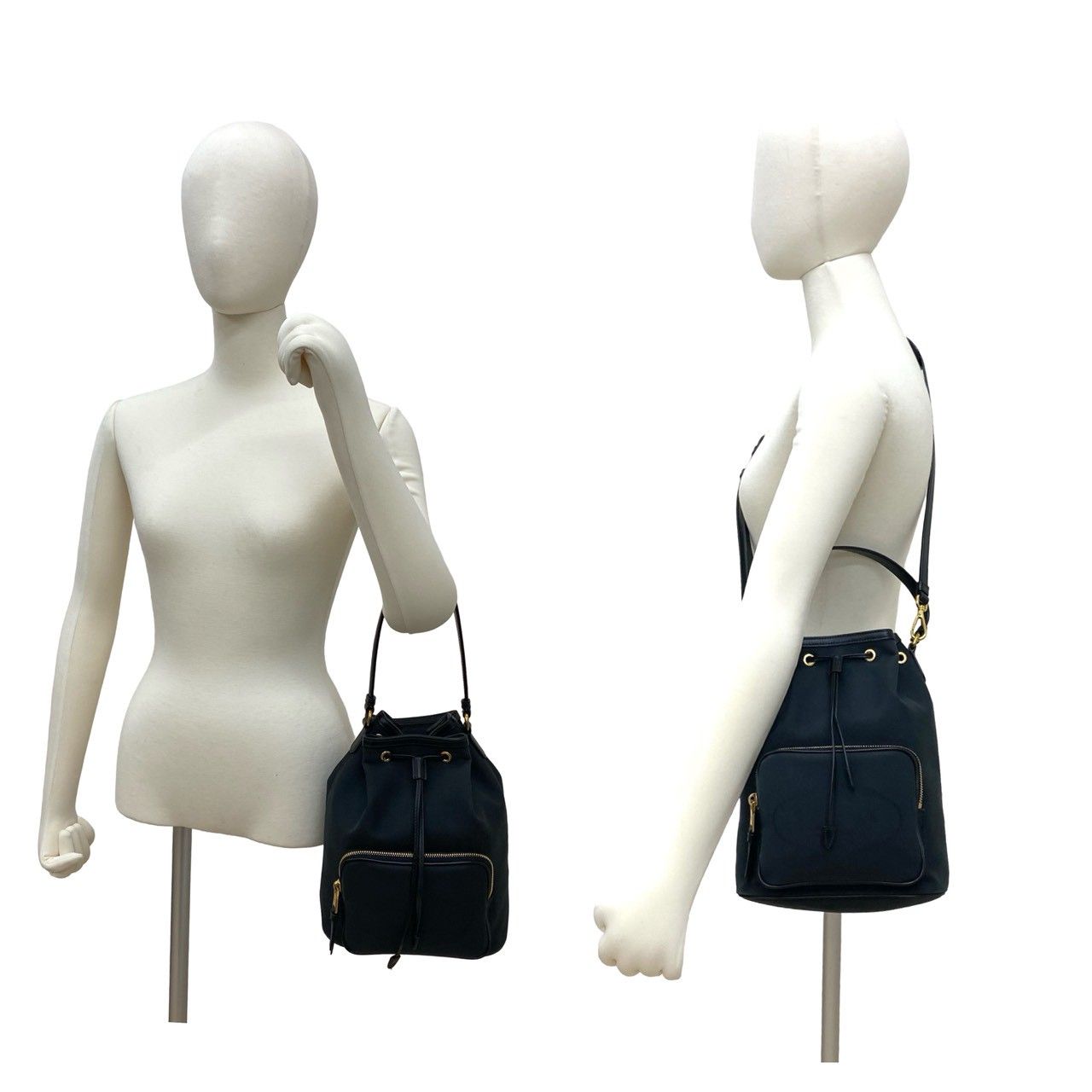 Prada Logo Canvas Leather Drawstring 2-Way Mini Shoulder Bag Black
