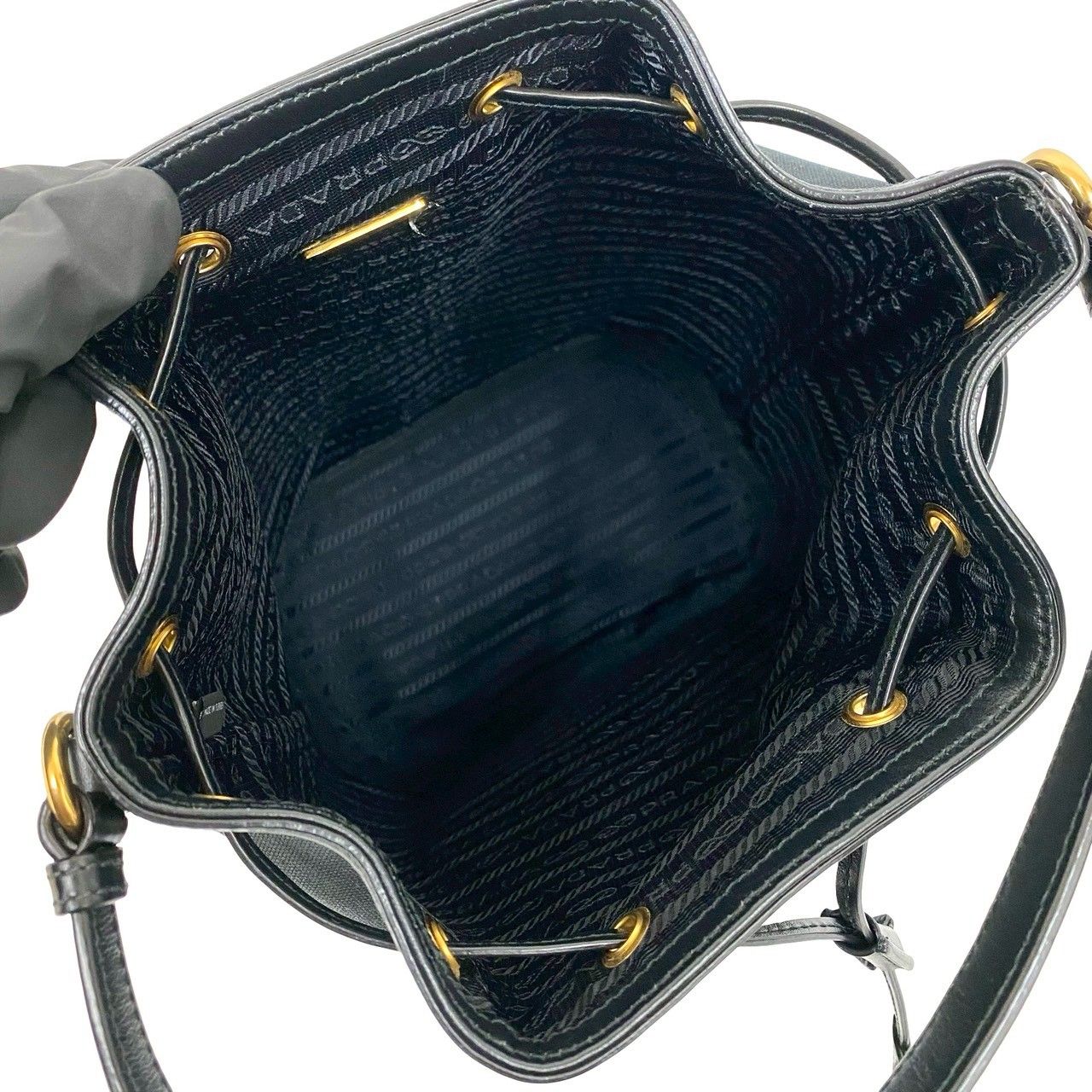 Prada Logo Canvas Leather Drawstring 2-Way Mini Shoulder Bag Black