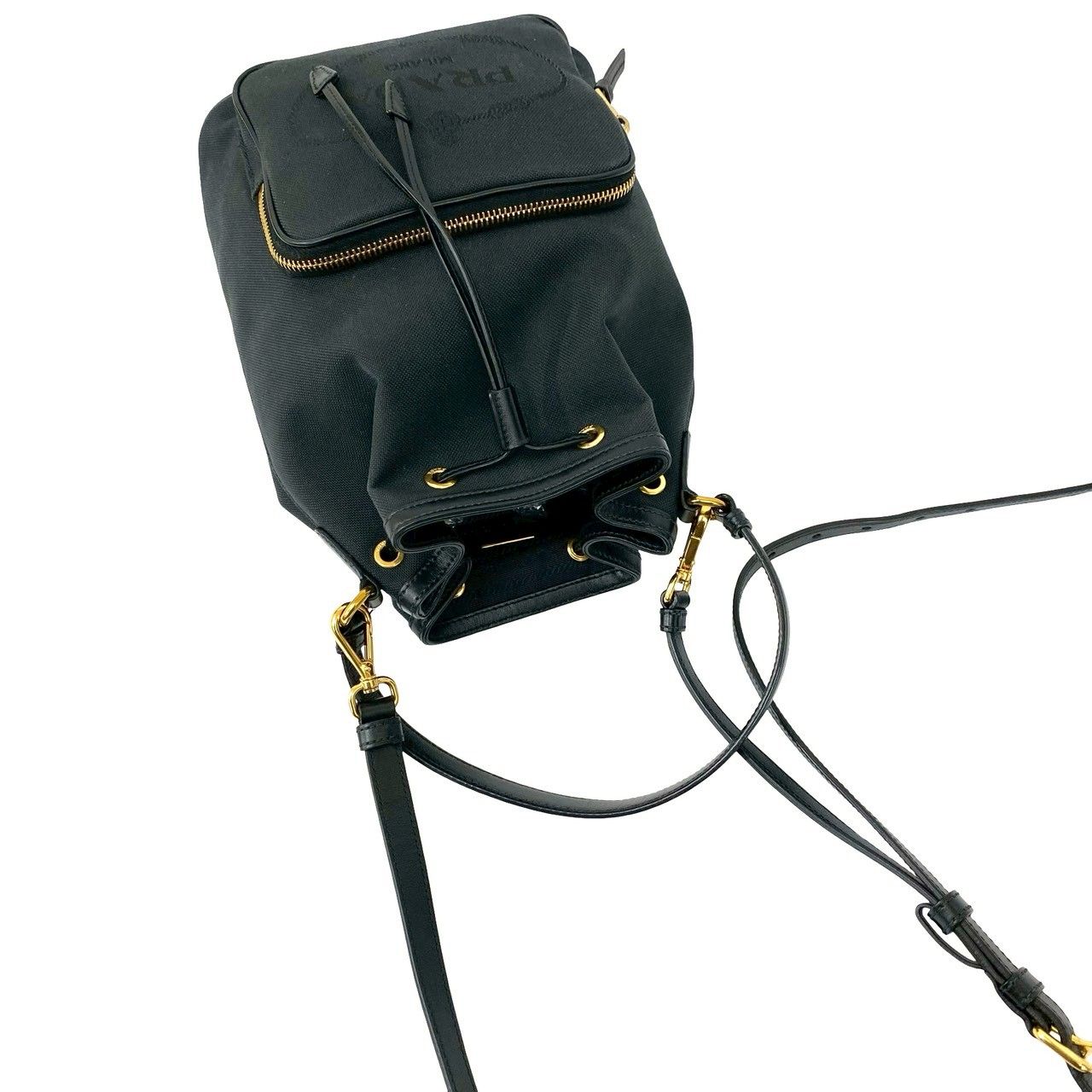 Prada Logo Canvas Leather Drawstring 2-Way Mini Shoulder Bag Black
