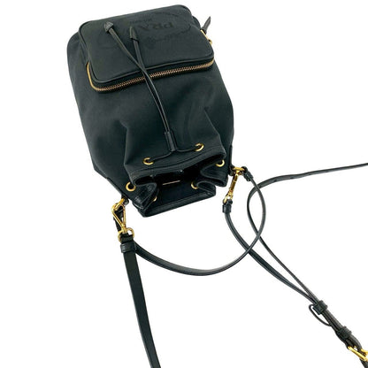 Prada Logo Canvas Leather Drawstring 2-Way Mini Shoulder Bag Black