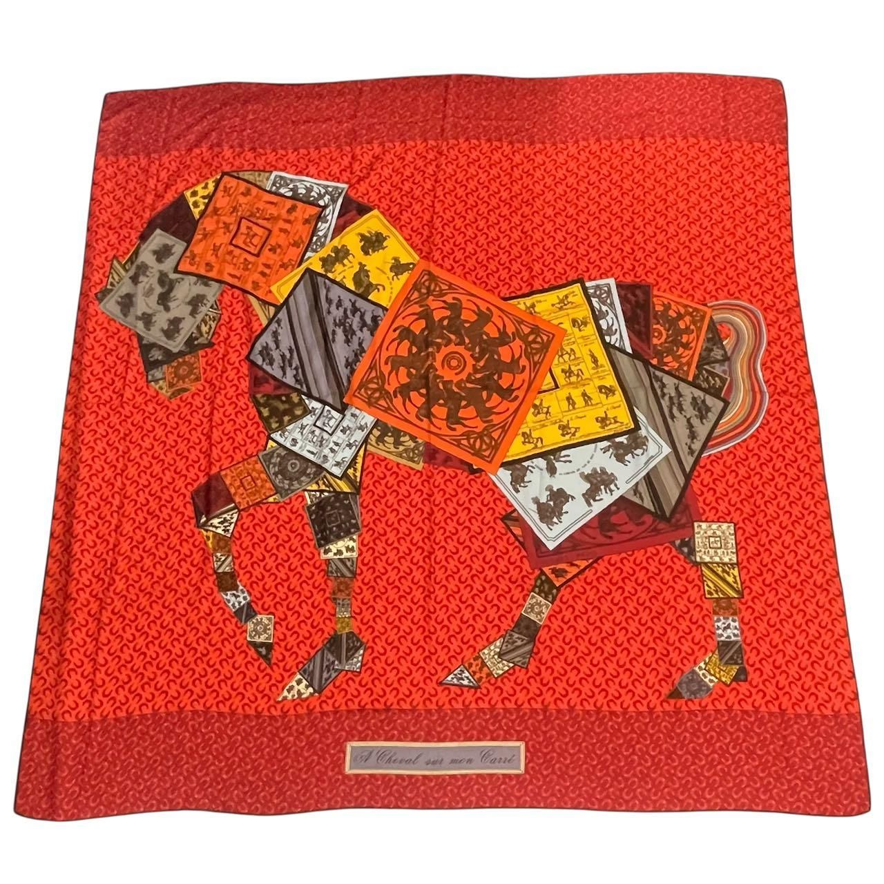 Hermes Scarf Cashmere Blend Carre 140 Horse Pattern Cheval Sur Mon Riding a Red
