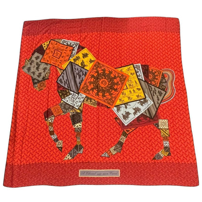 Hermes Scarf Cashmere Blend Carre 140 Horse Pattern Cheval Sur Mon Riding a Red