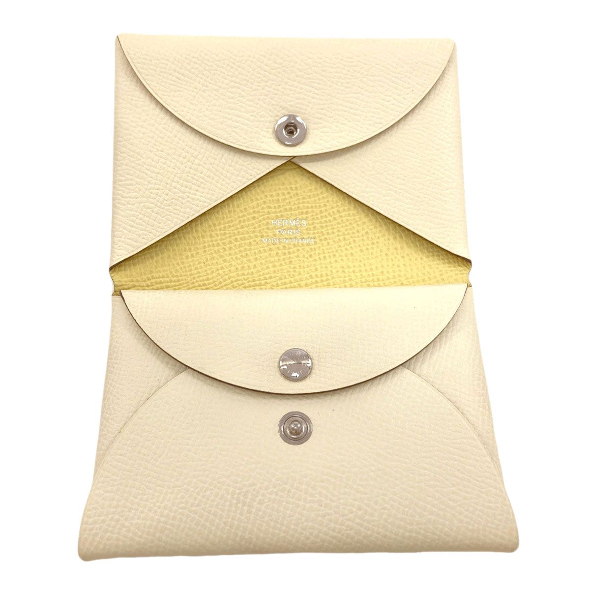 Hermes Calvi Duo Verso Nata Jaune Poussin Silver Card Case Epsom