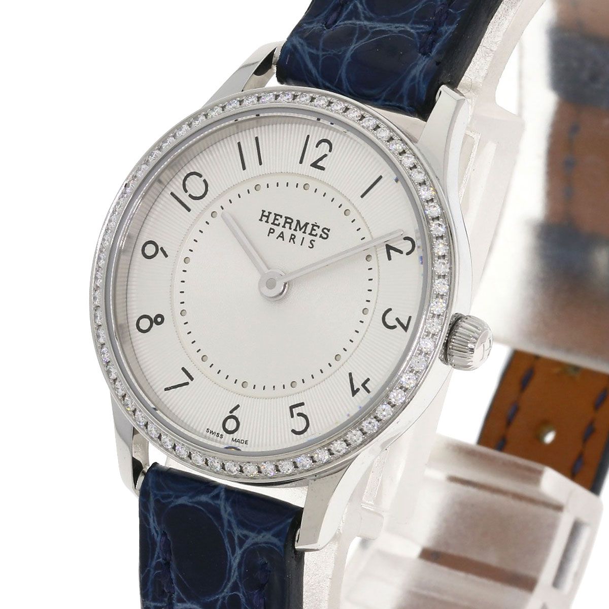 Hermes Slim Diamond Watch SS Leather