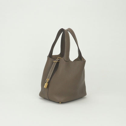 Hermes Picotin Lock PM 18 Tote Taurillon Clemence Etoupe Gray Gold Handbag