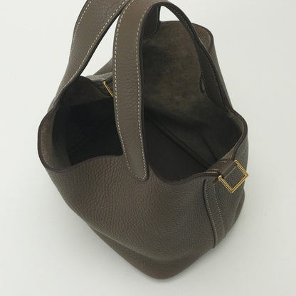 Hermes Picotin Lock PM 18 Tote Taurillon Clemence Etoupe Gray Gold Handbag
