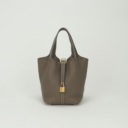 Hermes Picotin Lock PM 18 Tote Taurillon Clemence Etoupe Gray Gold Handbag