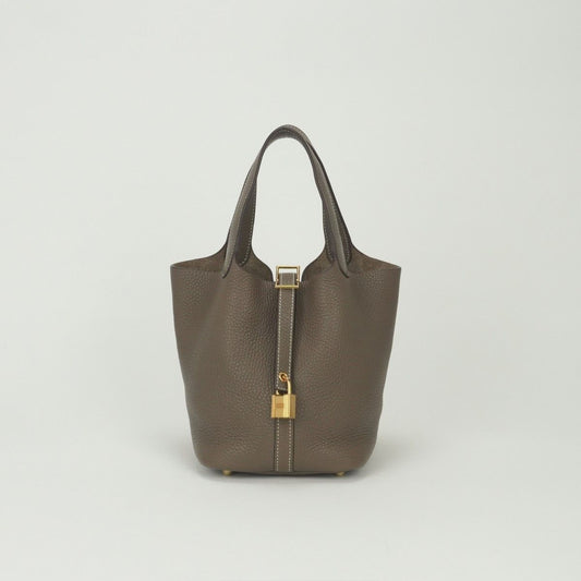 Hermes Picotin Lock PM 18 Tote Taurillon Clemence Etoupe Gray Gold Handbag