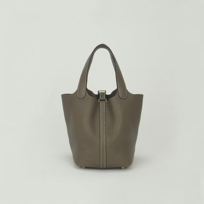 Hermes Picotin Lock PM 18 Tote Taurillon Clemence Etoupe Gray Gold Handbag