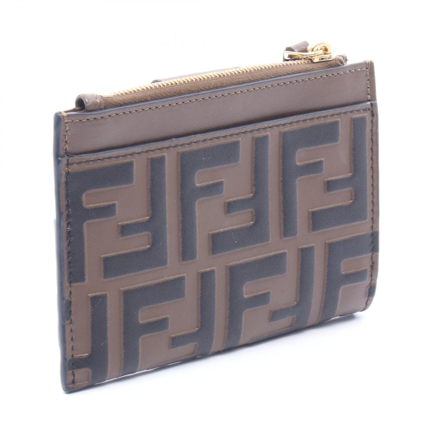 Fendi Coin Case FF Diamond Card Brown Leather FF Zip
