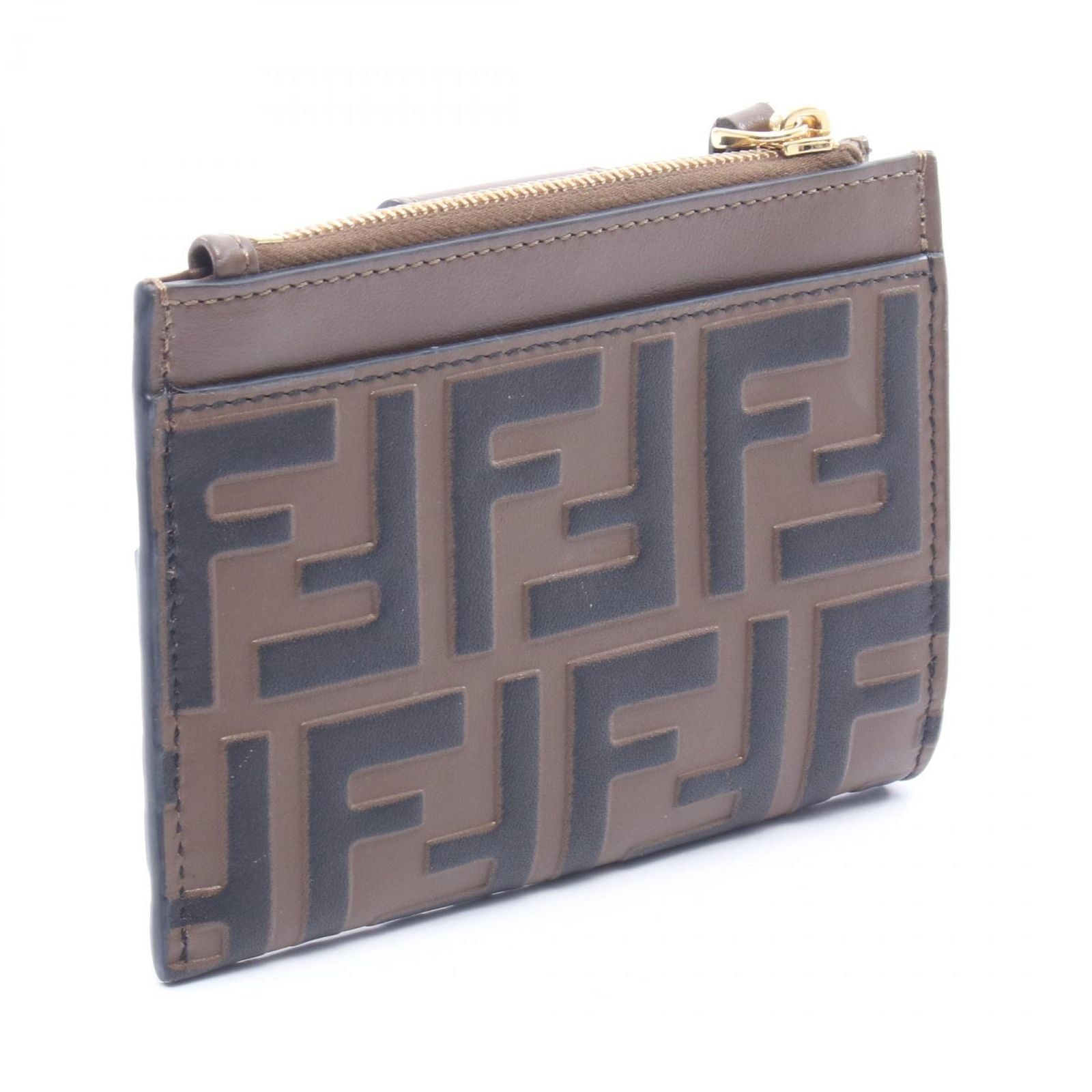 Fendi Coin Case FF Diamond Card Brown Leather FF Zip