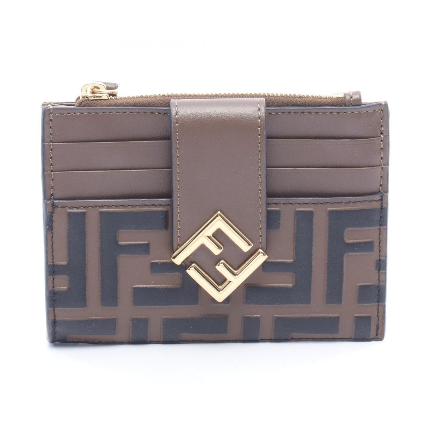 Fendi Coin Case FF Diamond Card Brown Leather FF Zip
