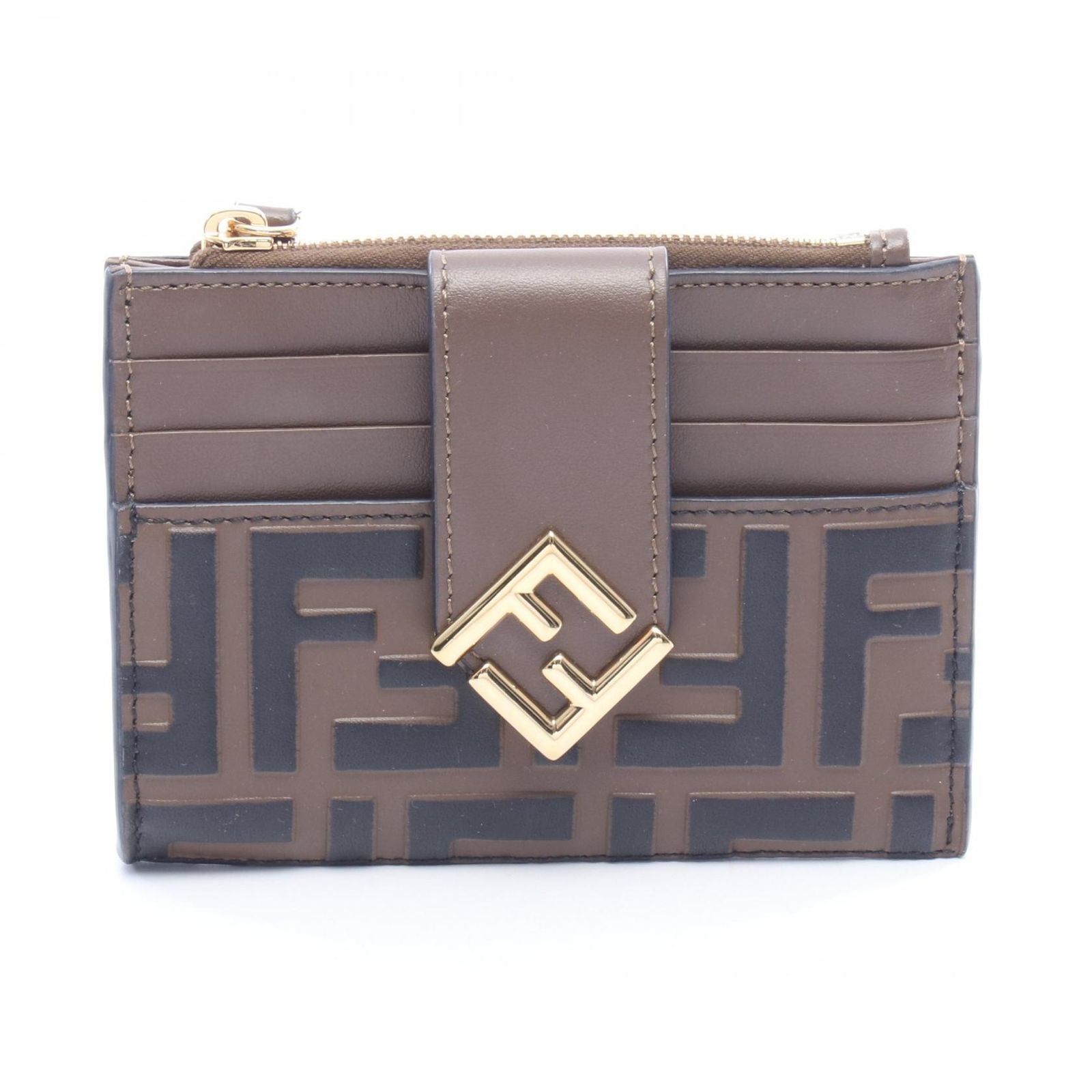 Fendi Coin Case FF Diamond Card Brown Leather FF Zip